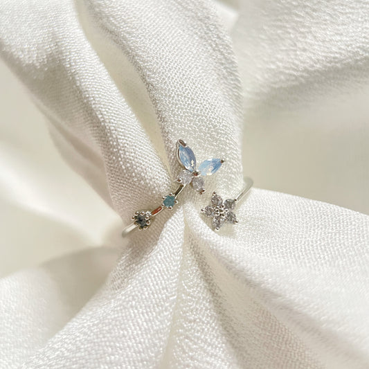 Fluttering Star Petals Gem Silver Open Ring - Sisilia Jewels
