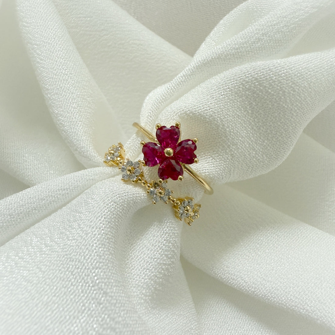 Four-Leaf Clover Ruby Double Band Adjustable Ring - Sisilia Jewels