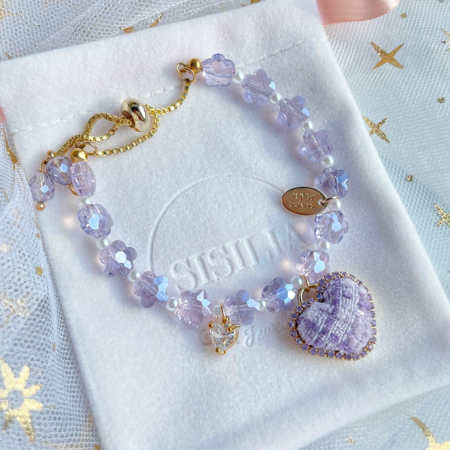 Purple flower crystal heart charm bracelet - Sisilia Jewels