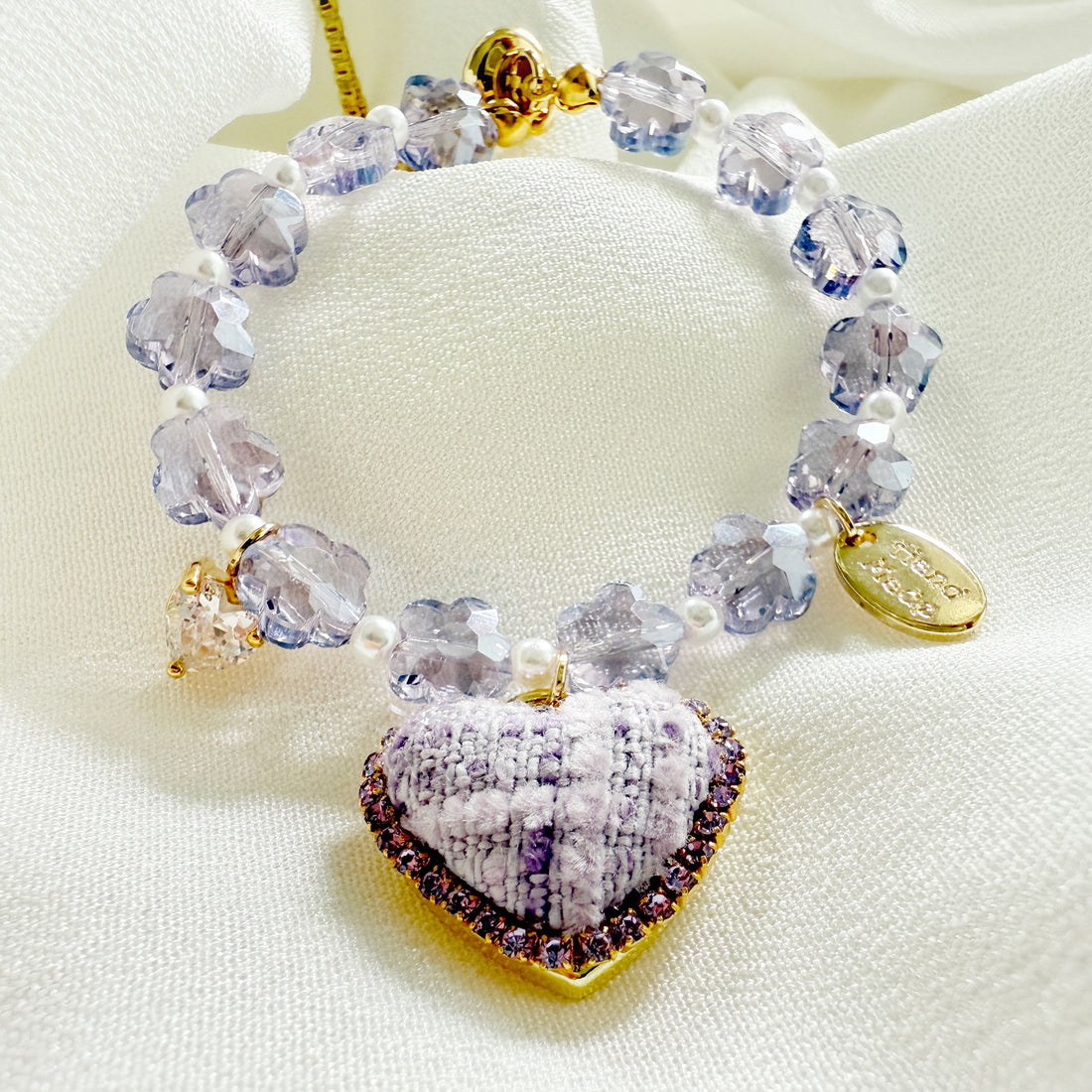 Purple flower crystal heart charm bracelet - Sisilia Jewels