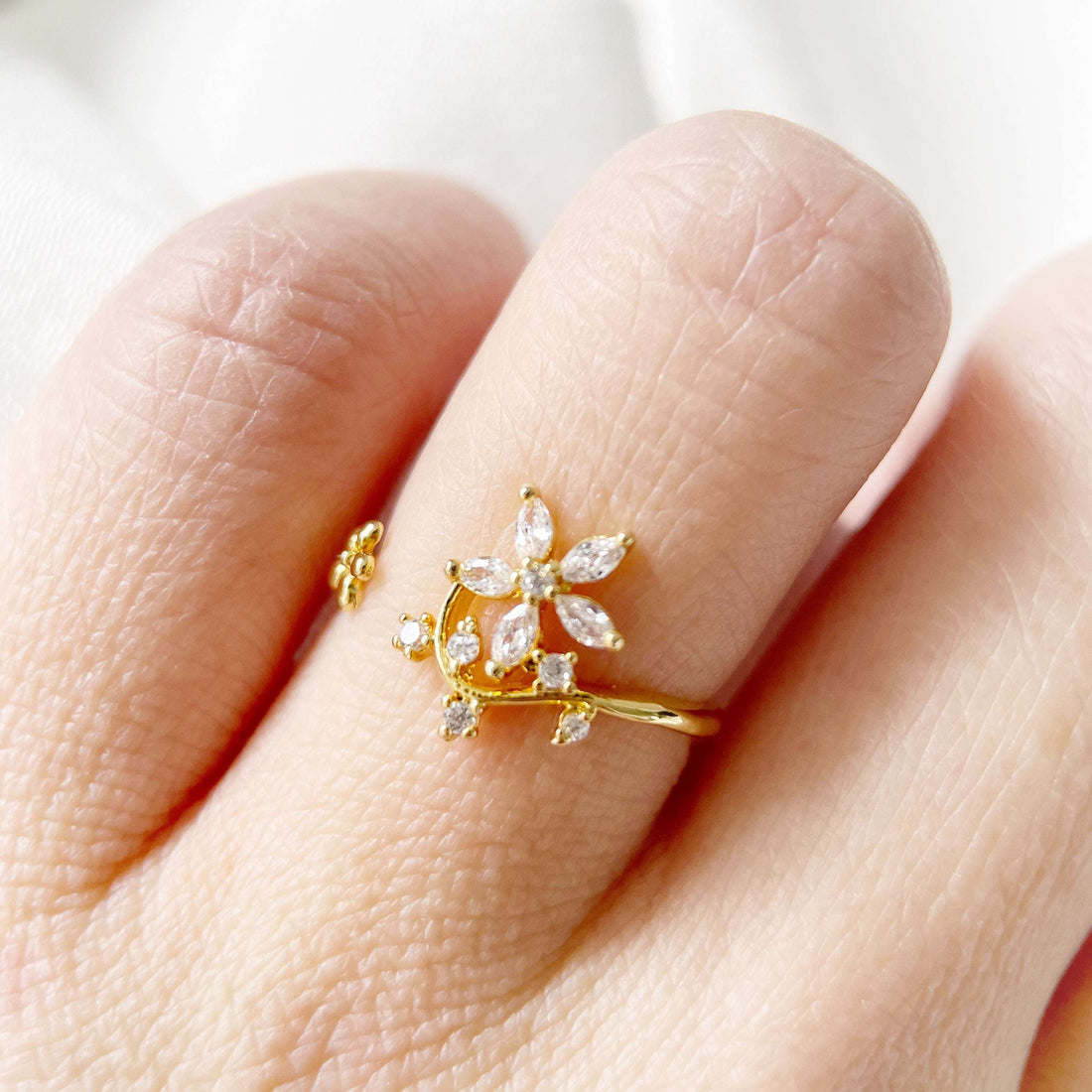 Nail Adorned Dainty Floral Gold Adjustable Ring - Sisilia Jewels