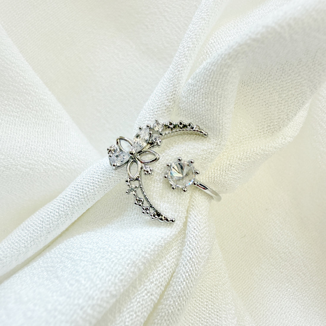 Eternal Bloom Silver Crescent Moon Ring - Sisilia Jewels