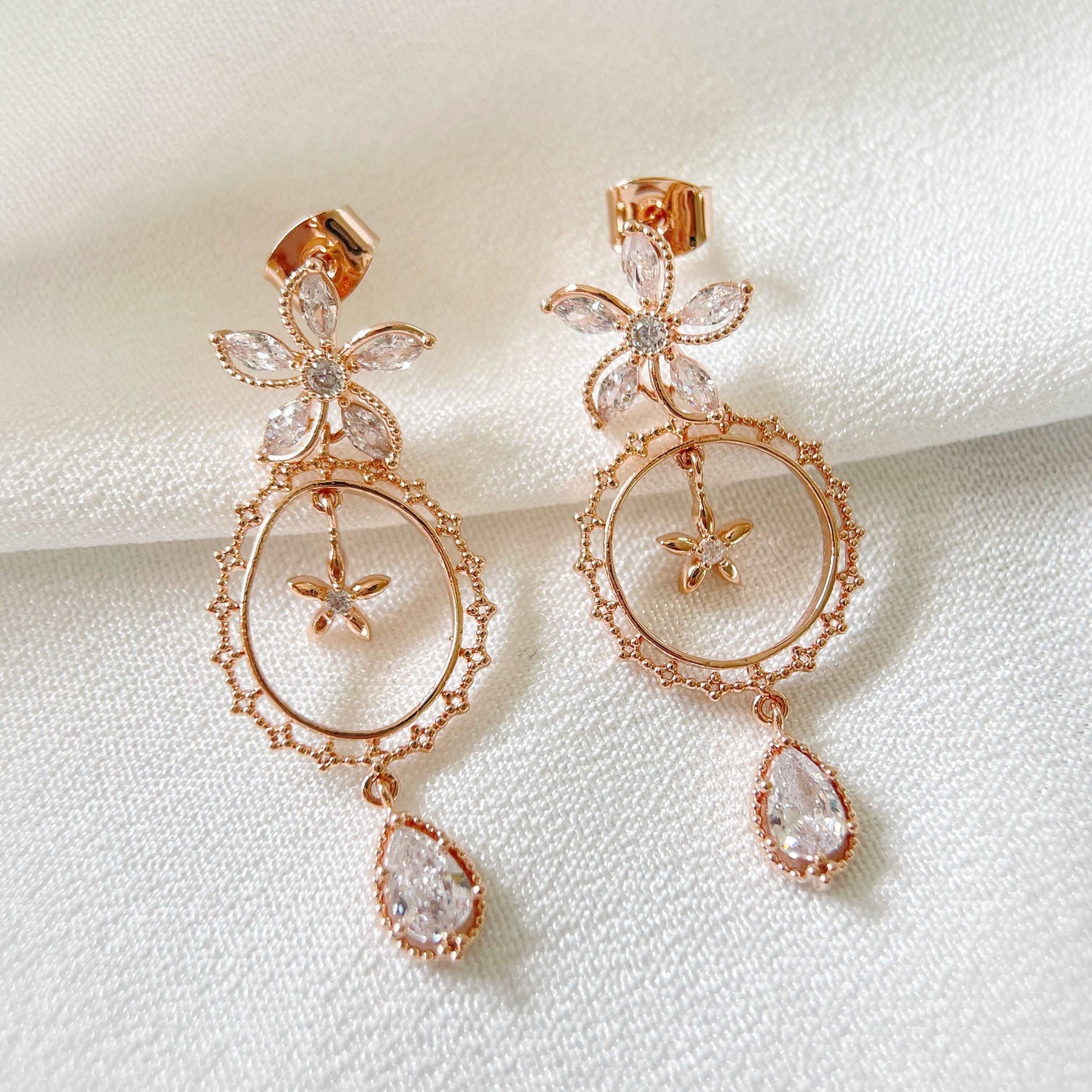 Rosegold Petal Sparkle Dangle Earrings - Sisilia Jewels