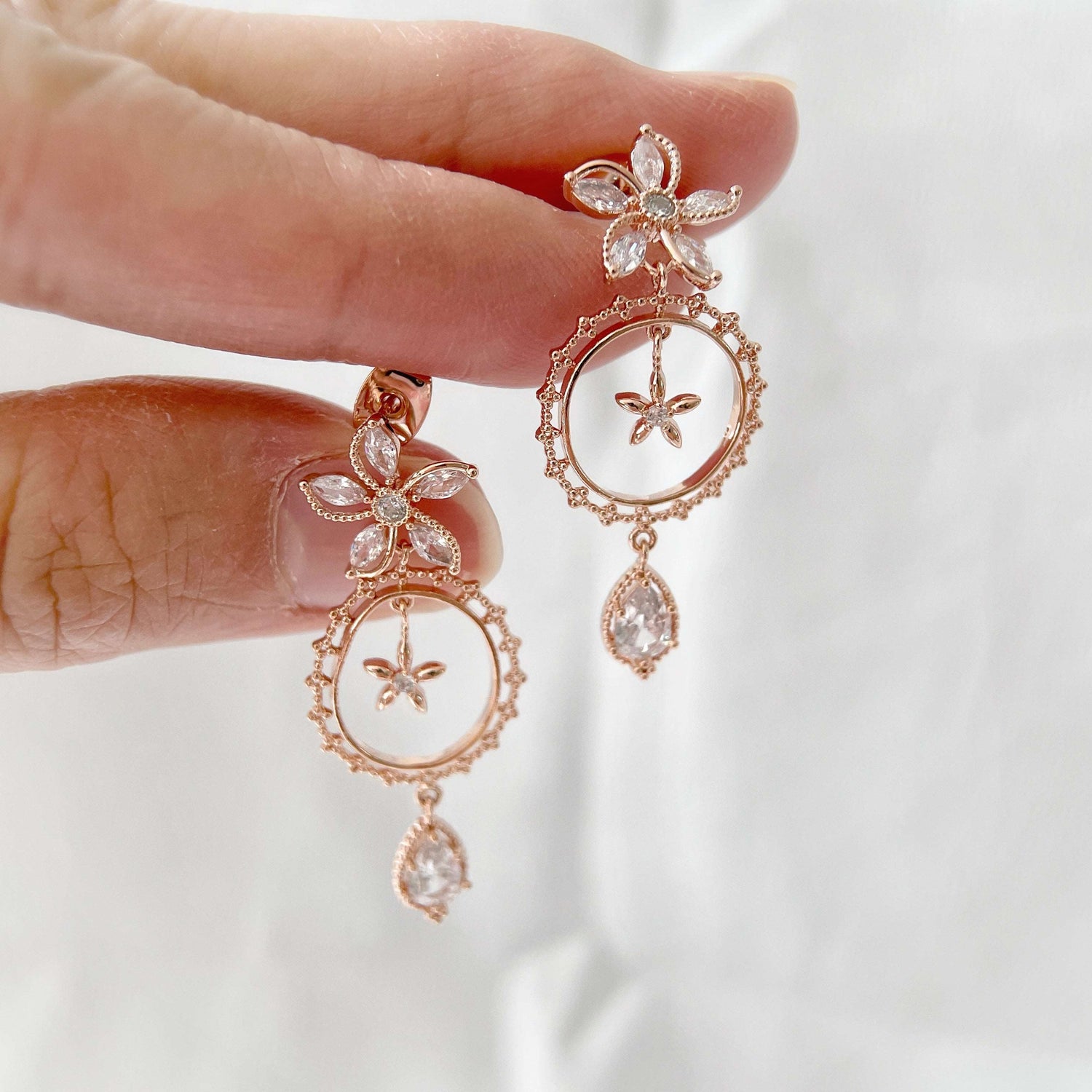 Rosegold Petal Sparkle Dangle Earrings - Sisilia Jewels