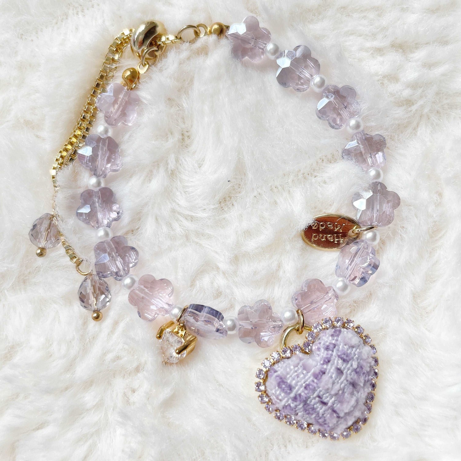 Purple flower crystal heart charm bracelet - Sisilia Jewels