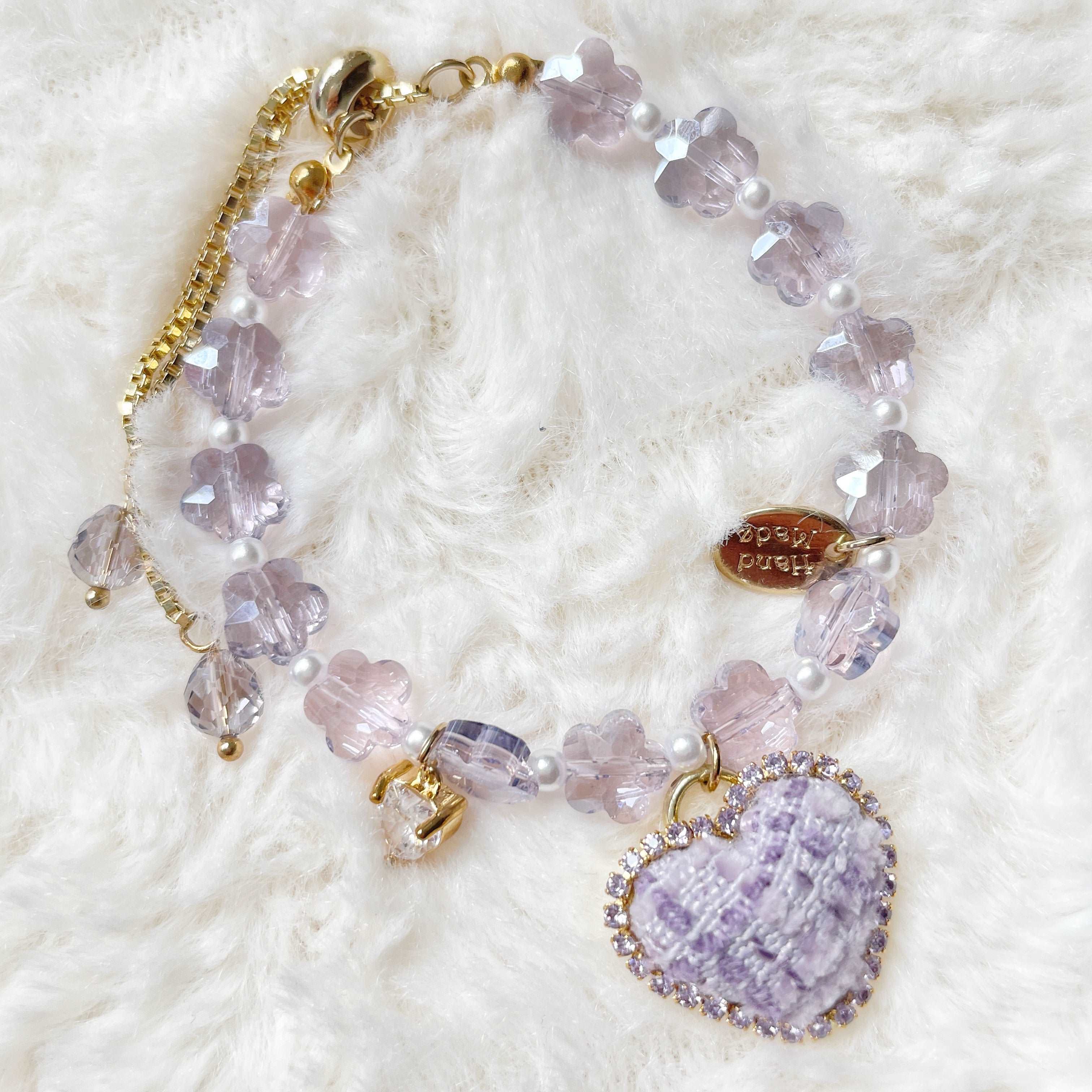 Purple flower crystal heart charm bracelet - Sisilia Jewels