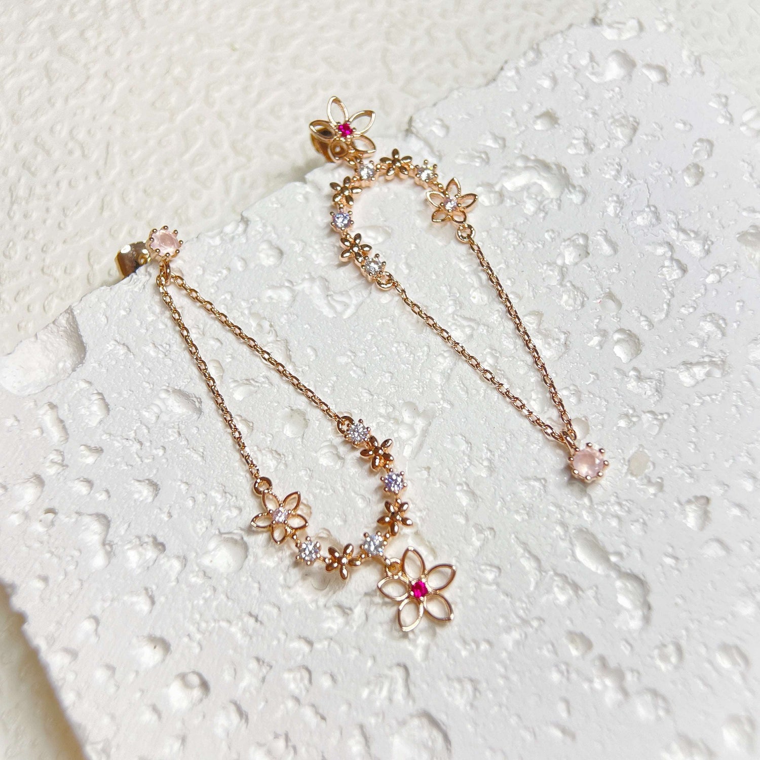 air of rose gold mismatched earring dangles, crafted with multi colored sparkle gemstones and cubic zirconia. A perfect Christmas Gift for Her - Sisilia Jewels