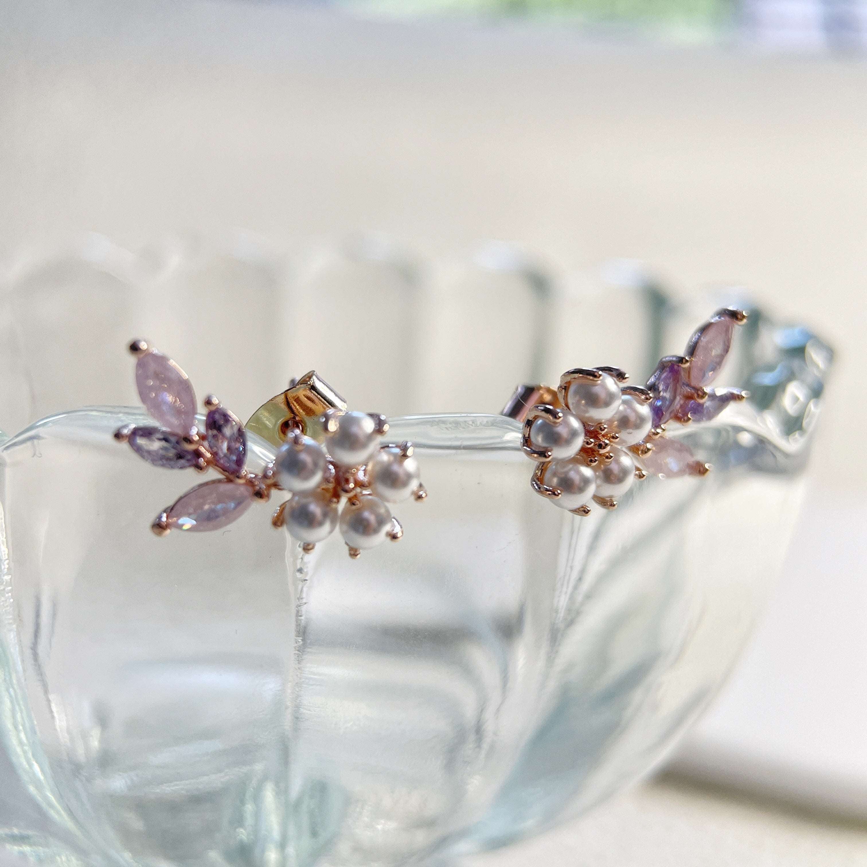 Pair of multi colored sparkle gemstone ethereal bloom earring studs crafted with tiny pearls in flower design, ideal jewelry gift for her in birthday and Christmas - Sisilia Jewels