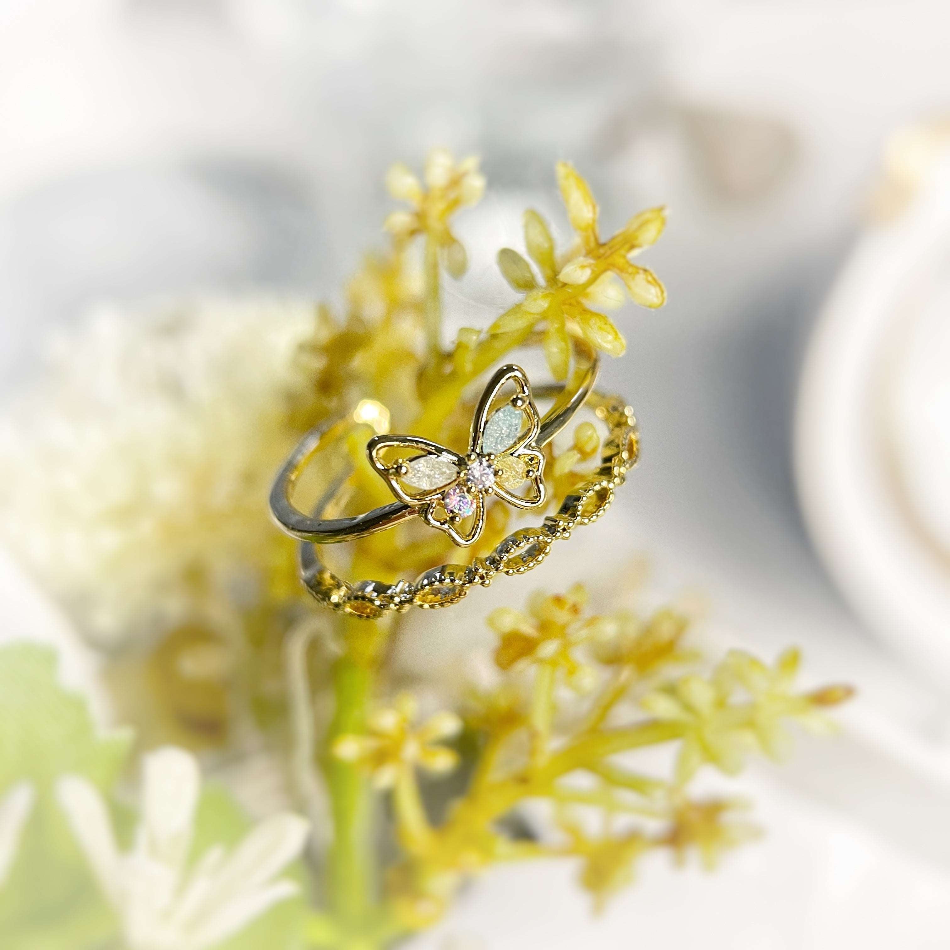 Dancing Butterfly Gold Double Band Open Ring - Sisilia Jewels