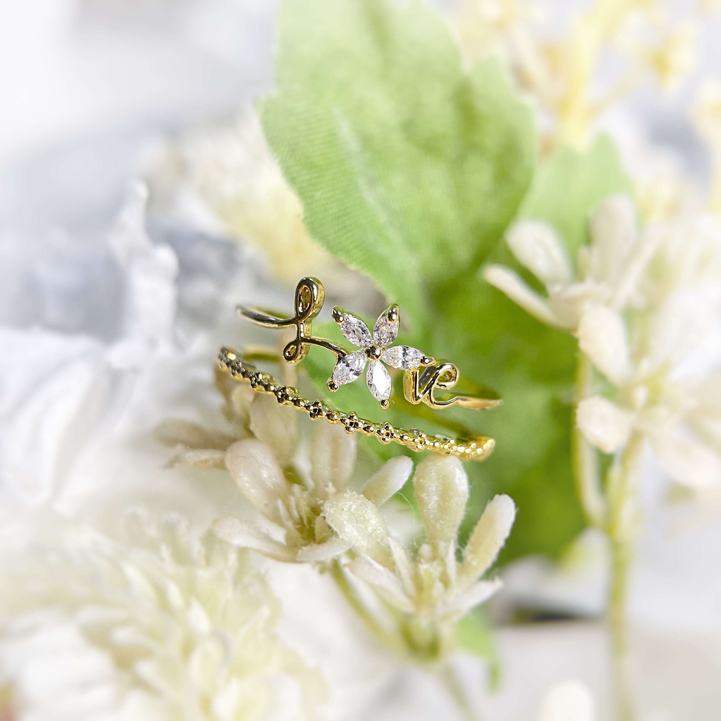 Love Blooms Dainty Petals Gold Double Band Adjustable Ring - Sisilia Jewels