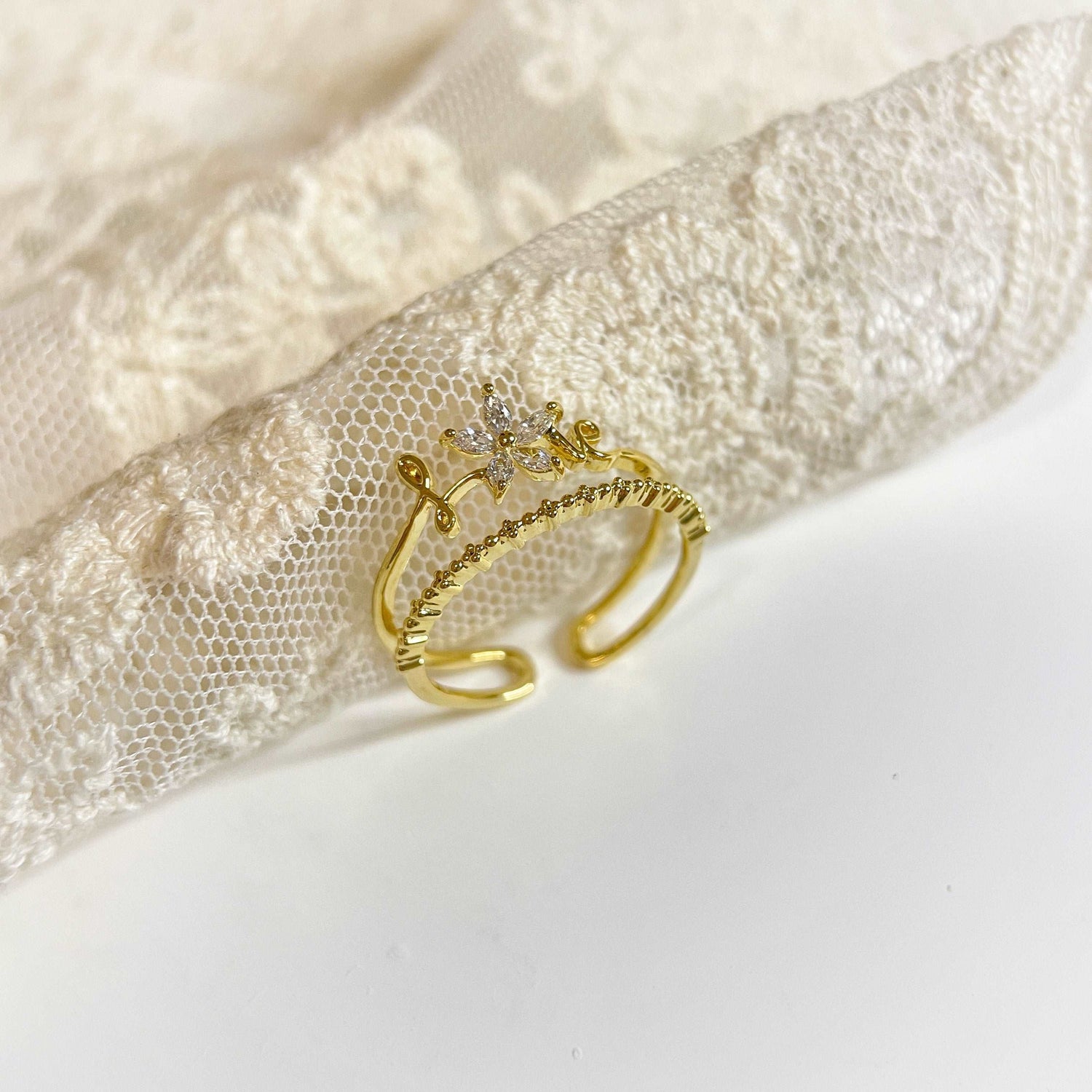 Love Blooms Dainty Petals Gold Double Band Adjustable Ring - Sisilia Jewels