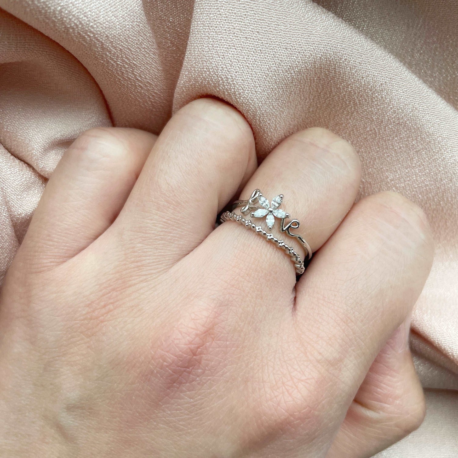 Love Blooms Dainty Petals Silver Double Band Adjustable Ring - Sisilia Jewels