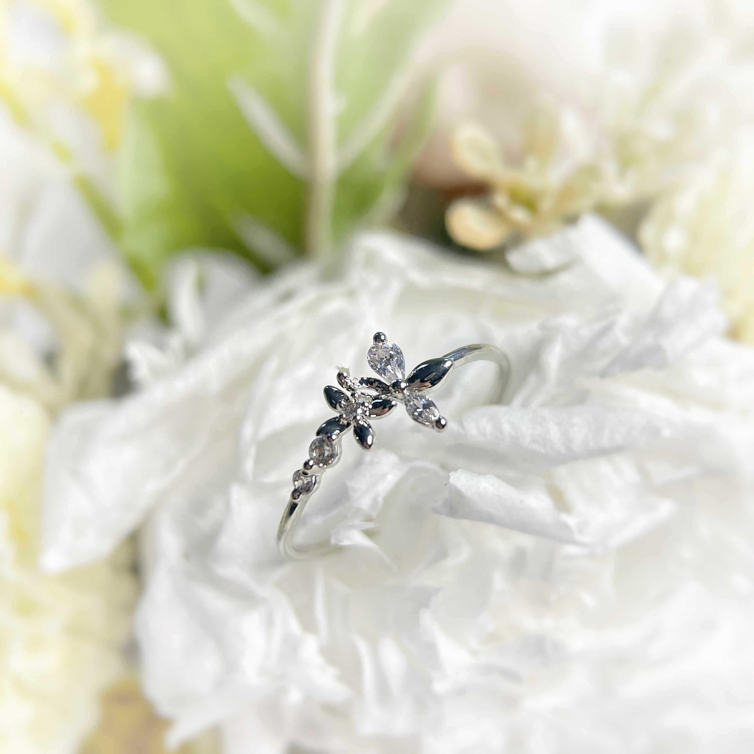 Twin Bloom CZ Radiance Silver Open Ring - Sisilia Jewels