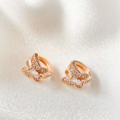 Pair of rose gold huggie earrings in butterfly design paved with cubic zirconia cz stones in one touch closure design - Sisilia Jewels